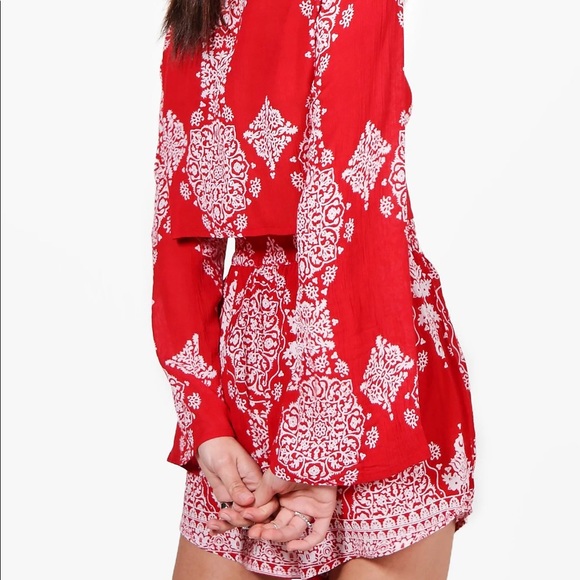 Boohoo Red Tribal Print Shorts Co-Ords Set - Picture 6 of 8